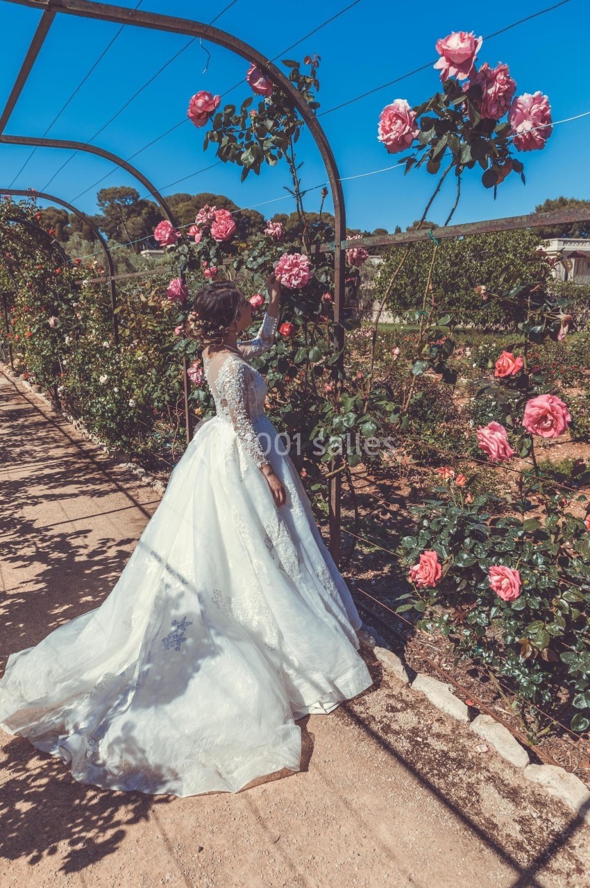 Femme en robe de mariée blanche observant des rosiers fleuris dans un jardin sous un ciel bleu.