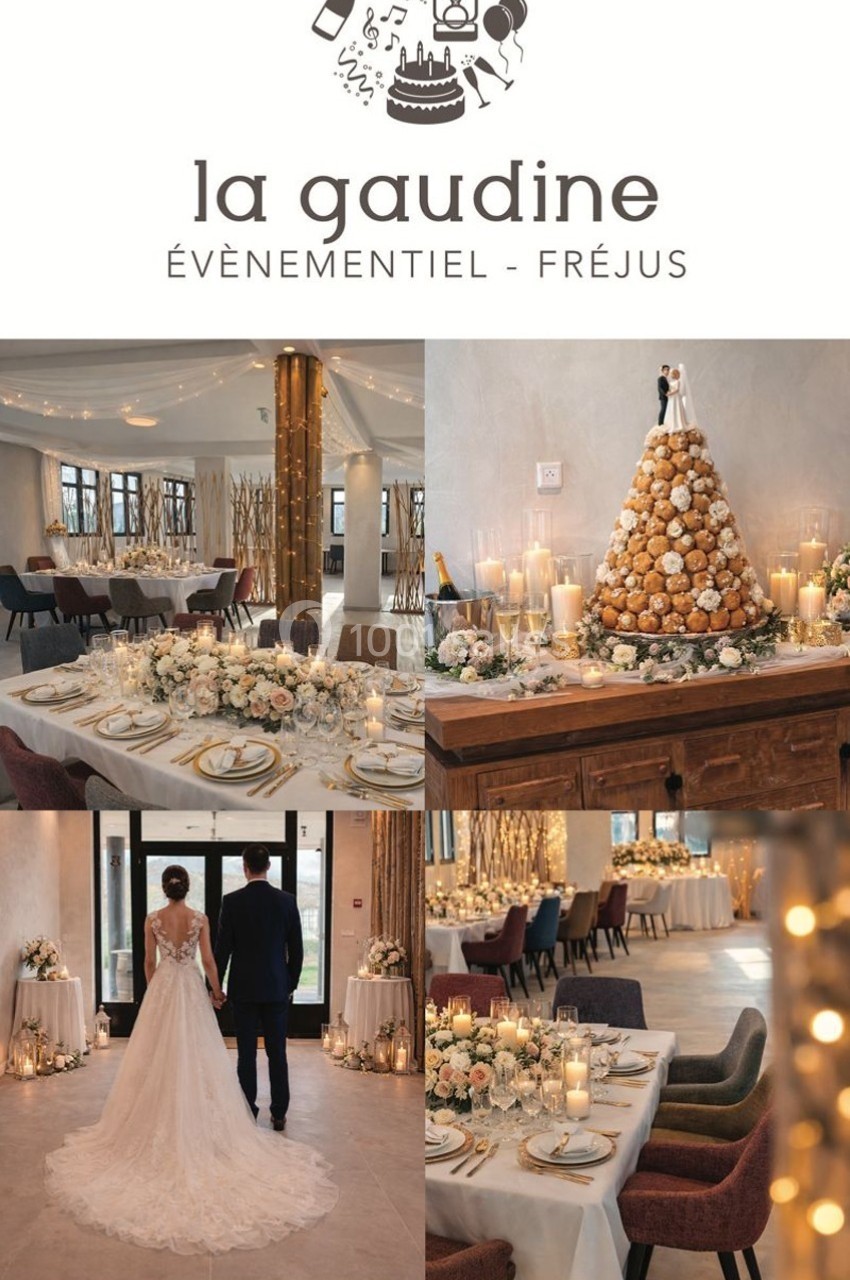 Salle décorée pour un événement avec tables dressées, pièce montée, et couple de mariés dans un cadre élégant.