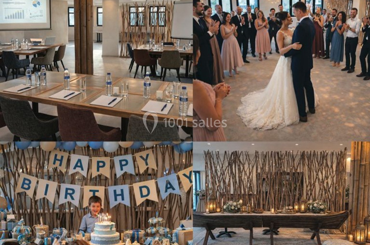 Montage montrant une salle de réception décorée pour divers événements : mariage, anniversaire et réunion professionnelle.