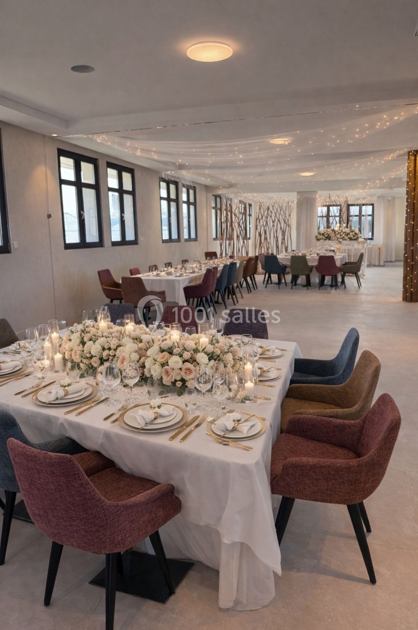 Salle de réception élégante avec tables décorées de fleurs blanches et roses, entourées de chaises colorées.
