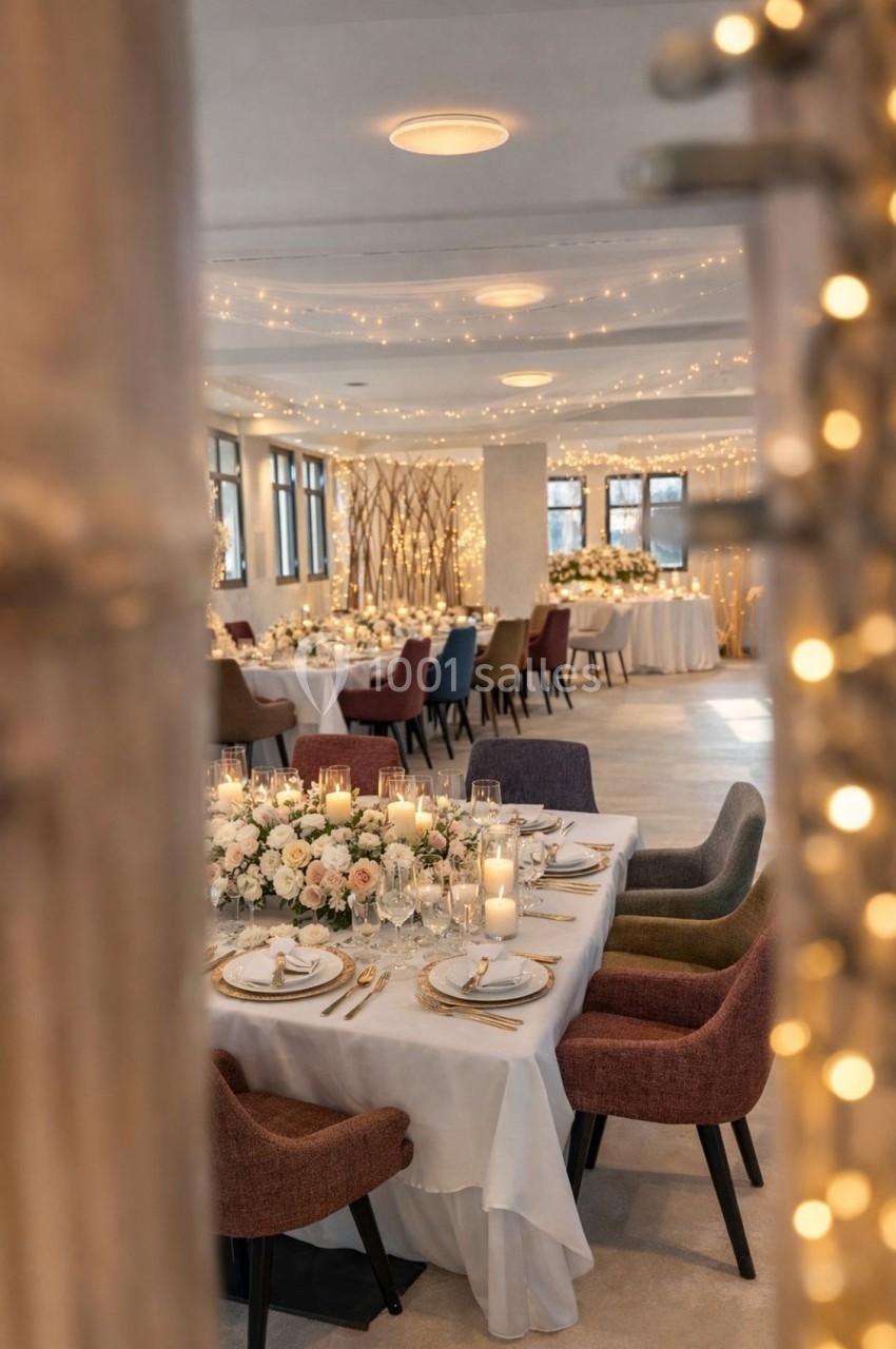 Salle de réception décorée avec des guirlandes lumineuses, tables dressées avec fleurs et bougies, ambiance élégante.