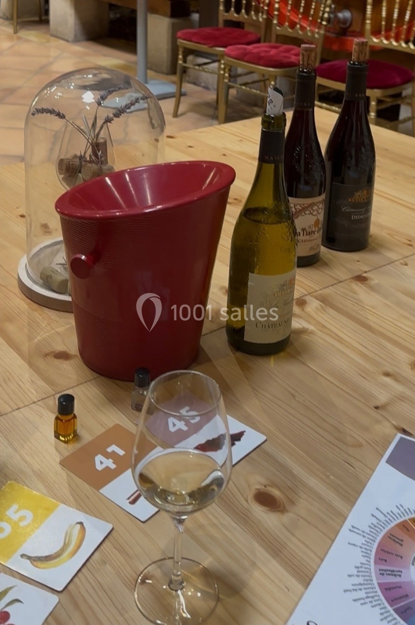 Dégustation de vin avec bouteilles, verre rempli, seau rouge et supports pédagogiques sur une table en bois.