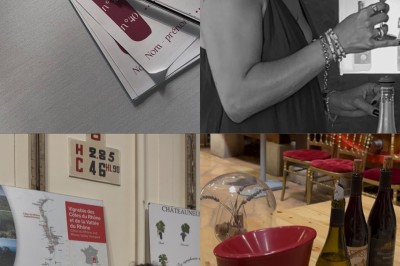 1. Dégustation de vin avec des verres et une roue des arômes sur une table en bois. 2. Verre de vin blanc tenu devant des…