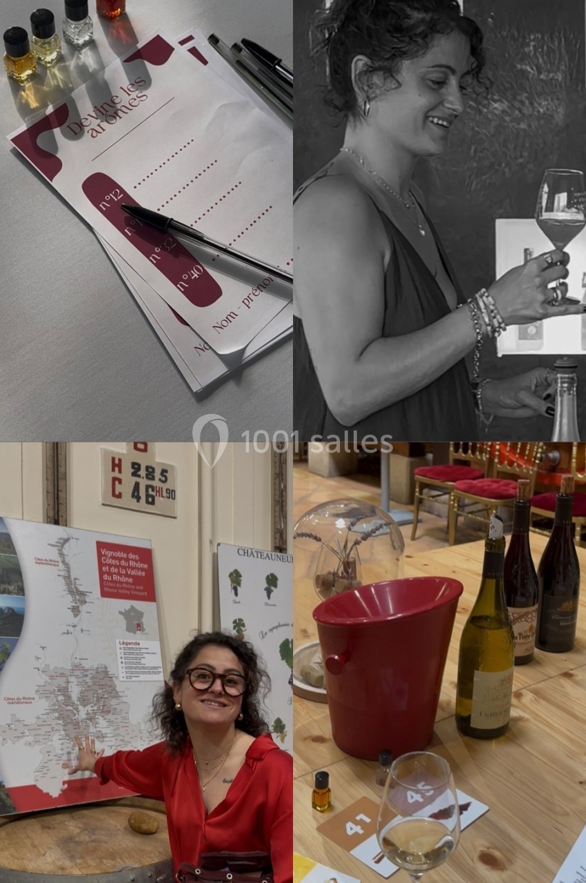 1. Feuilles de dégustation avec stylos et échantillons de vin alignés sur une table. 2. Femme souriante tenant un verre de…