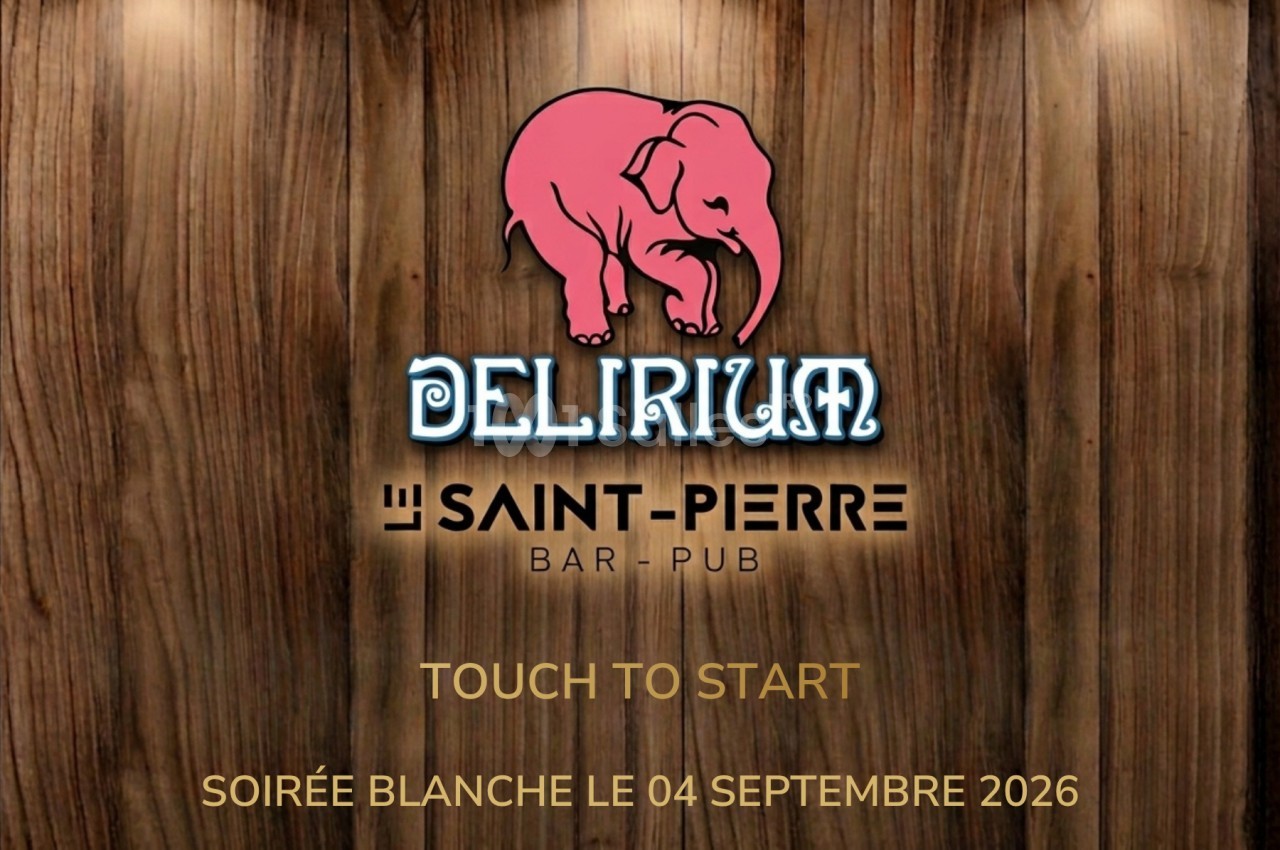Logo d'un bar nommé ’Delirium Saint-Pierre’ avec un éléphant rose sur fond de bois, mentionnant une soirée blanche en 2026.
