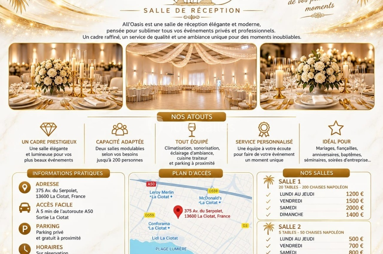 Affiche promotionnelle d'une salle de réception avec photos, coordonnées, plan d'accès et liste des services proposés.