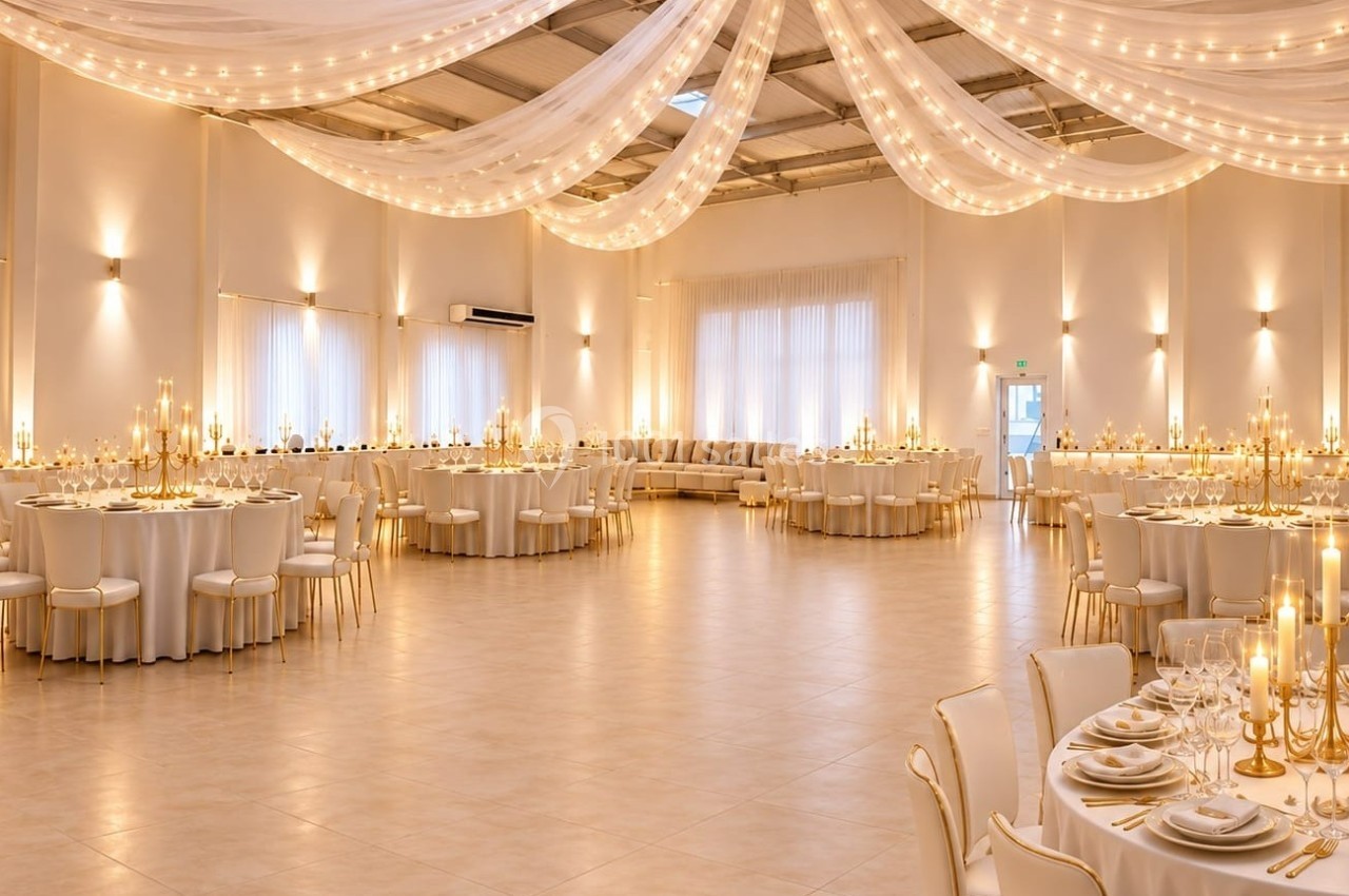 Salle de réception élégante avec tables rondes dressées, chandeliers dorés et drapés lumineux suspendus au plafond.