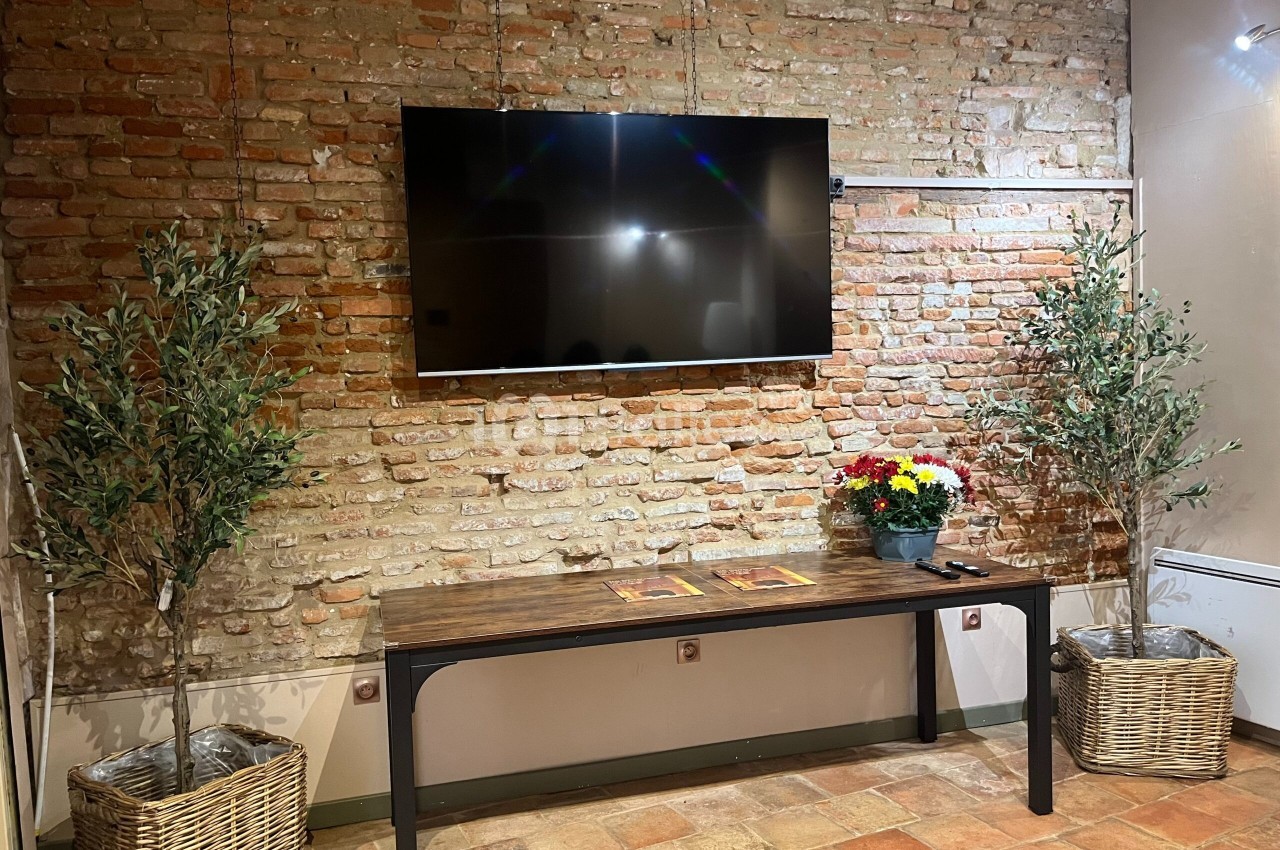 Télévision murale sur un mur de briques, table en bois avec des plantes en pots et un bouquet de fleurs colorées.