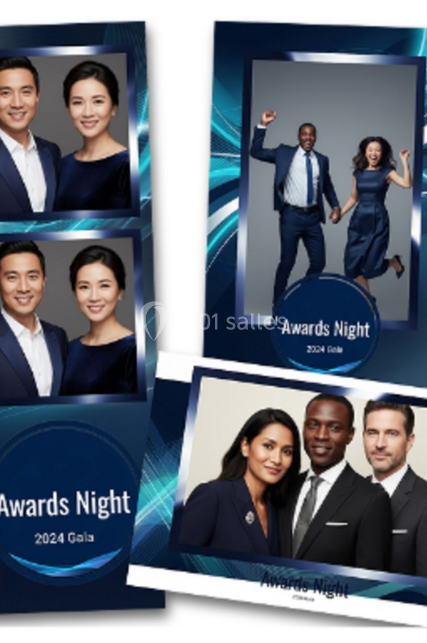 Photomontages de couples et groupes en tenue de soirée, posant pour un gala intitulé ’Awards Night 2024’.