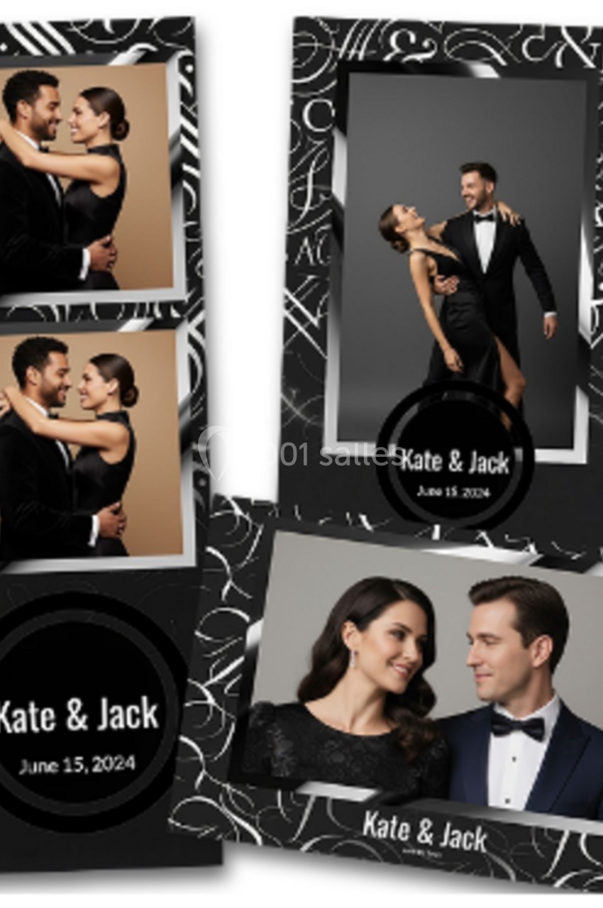 Photomaton avec des couples élégants en tenue de soirée, entourés de motifs noirs et blancs, avec les noms ’Kate & Jack’.