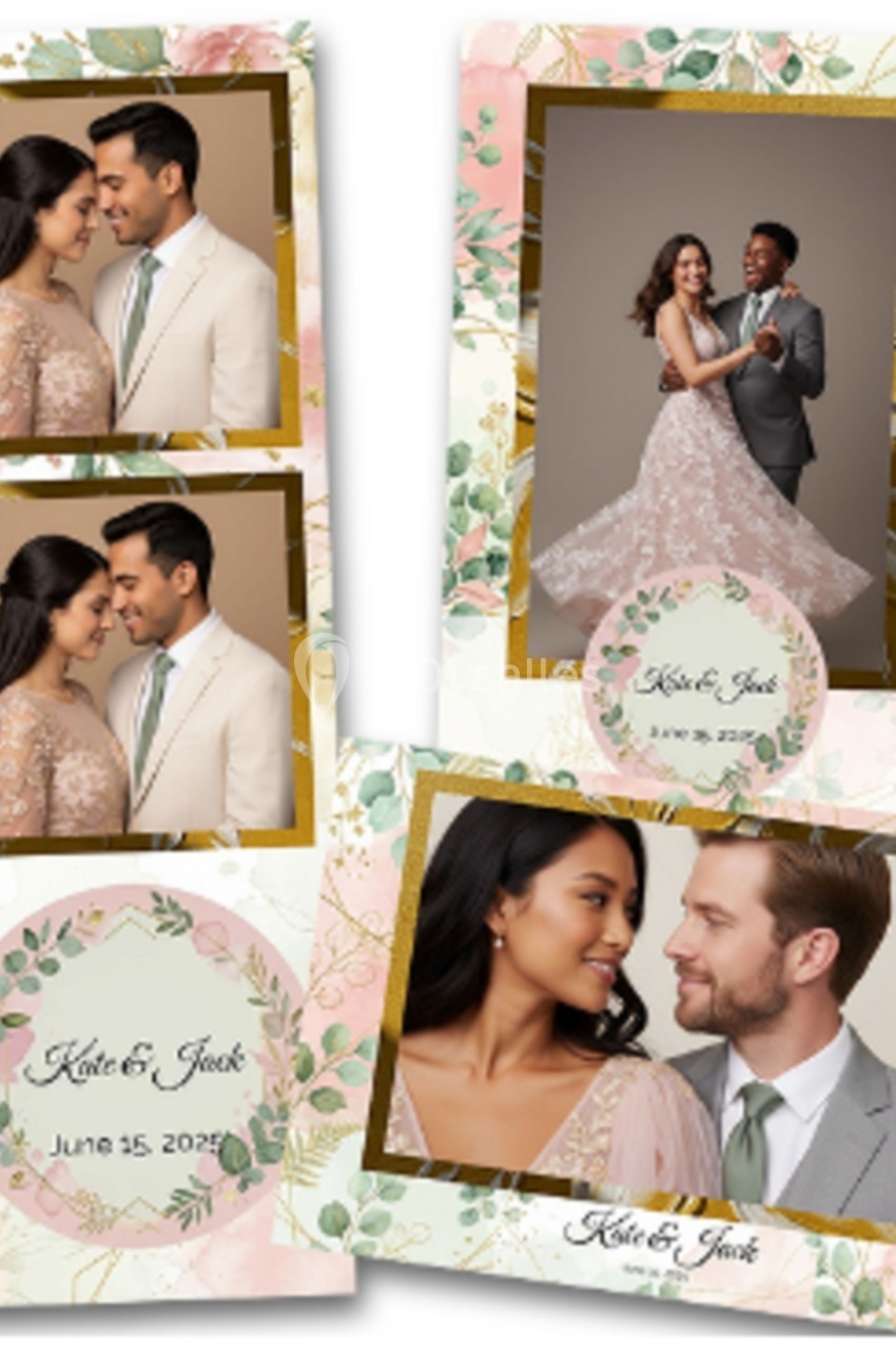 Deux couples posant élégamment en tenues de cérémonie, entourés de cadres floraux décoratifs.