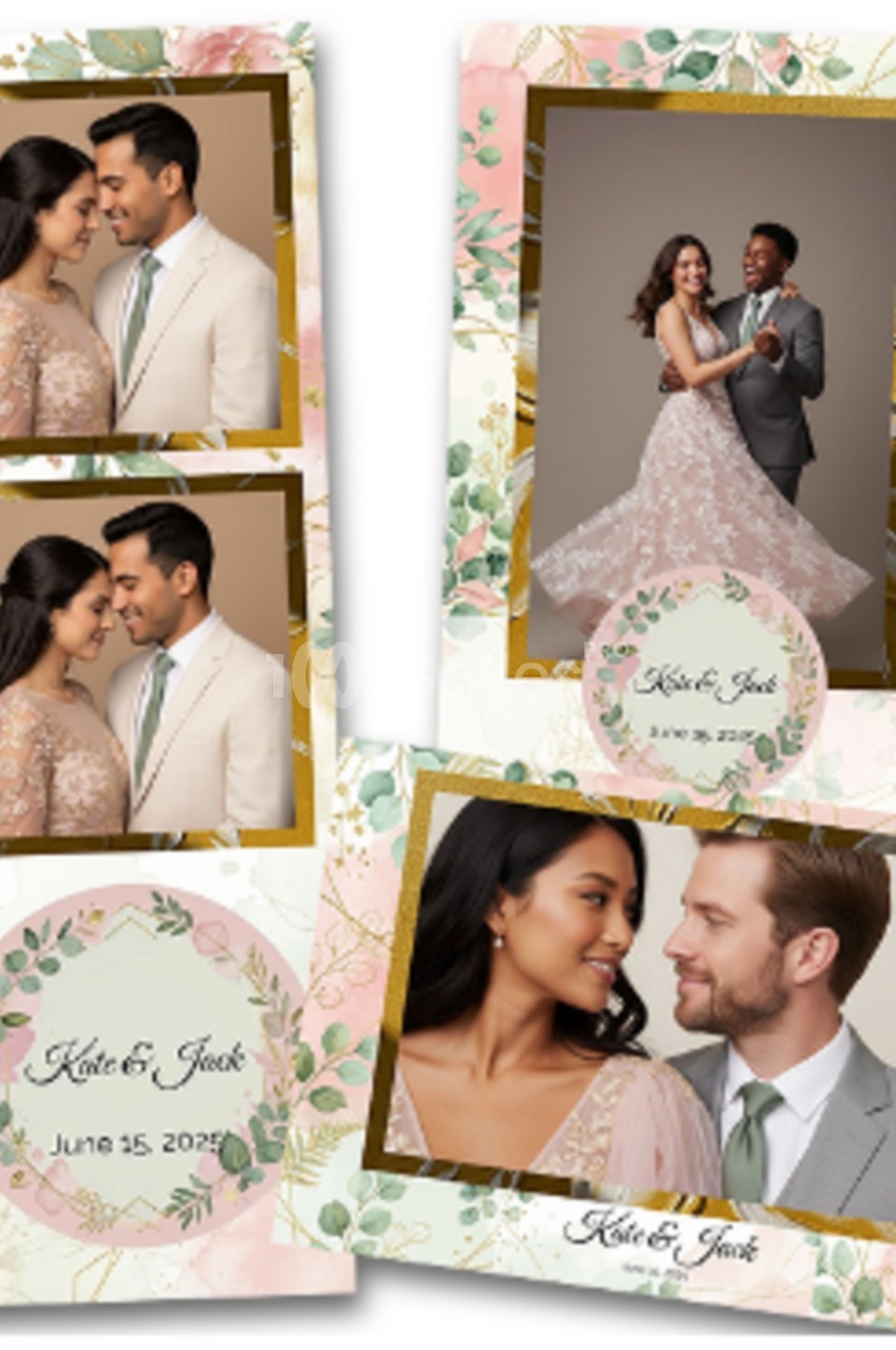 Deux couples posant élégamment en tenues de cérémonie, entourés de cadres floraux décoratifs.