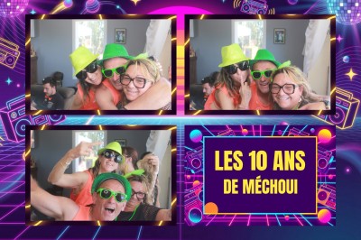 Quatre photos de personnes souriantes portant des accessoires festifs, avec une bannière indiquant ’Les 10 ans de Méchoui’.
