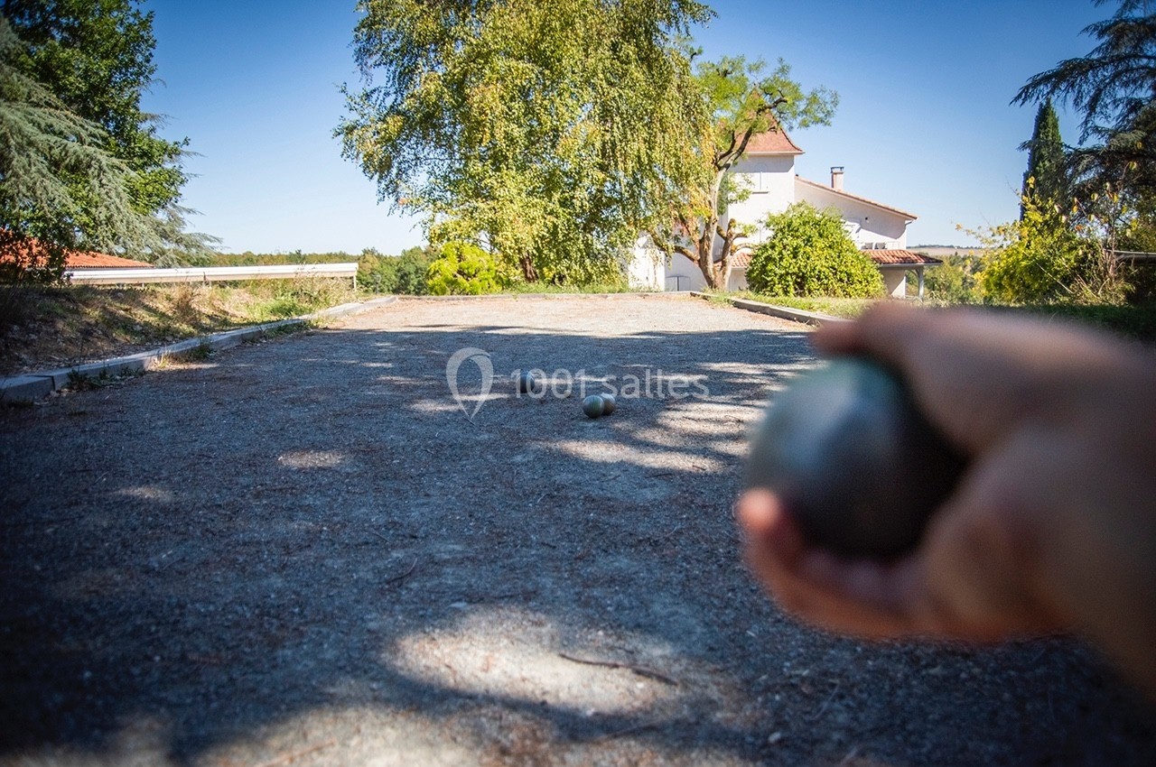 Une main tenant une boule de pétanque sur un terrain ensoleillé, avec des arbres et une maison en arrière-plan.