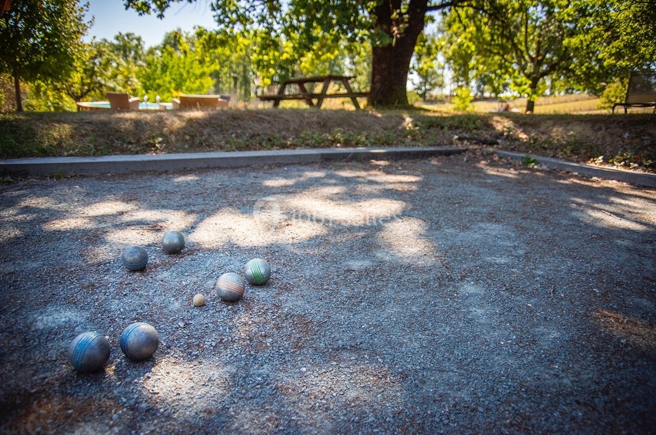Terrain de pétanque ombragé avec des boules disposées autour du cochonnet, entouré d'arbres et de mobilier de jardin.