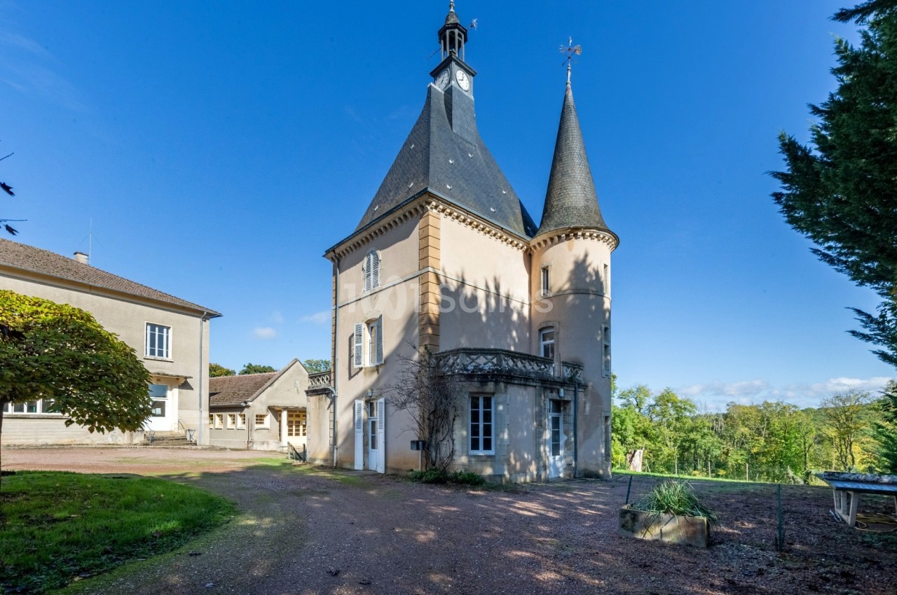 Château avec tour horloge pointue et toits ardoise, bâtiments adjacents en pierre, cour pavée et verdure environnante.