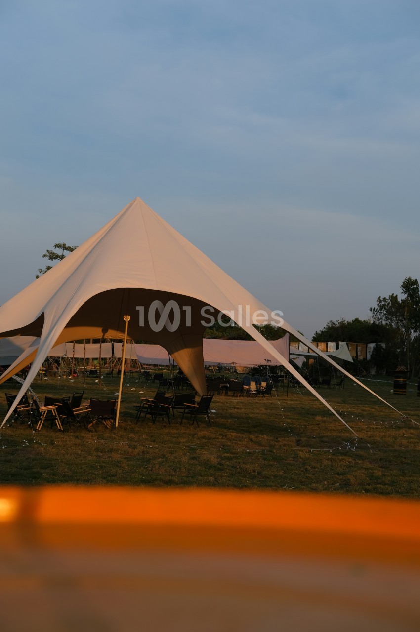 Tente étoile beige en plein air avec chaises noires en avant, arbres en arrière-plan au crépuscule.