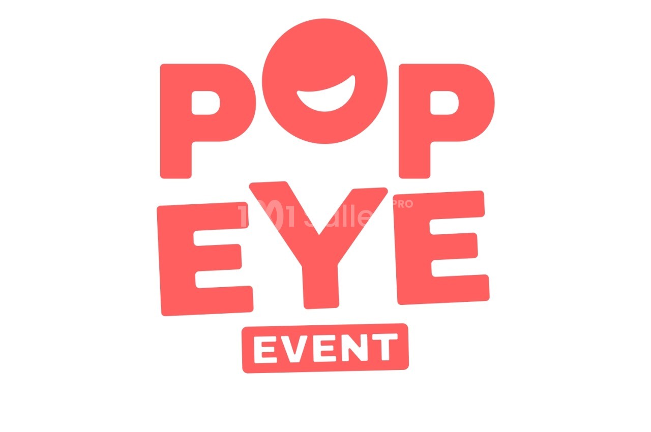 Logo Pop Eye Event en lettres rouges avec smiley sur fond blanc.