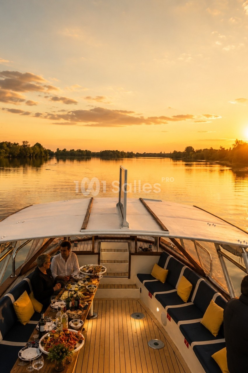 Table dressée de plats et de verres sur le pont d'un bateau, au coucher du soleil, sur une rivière.