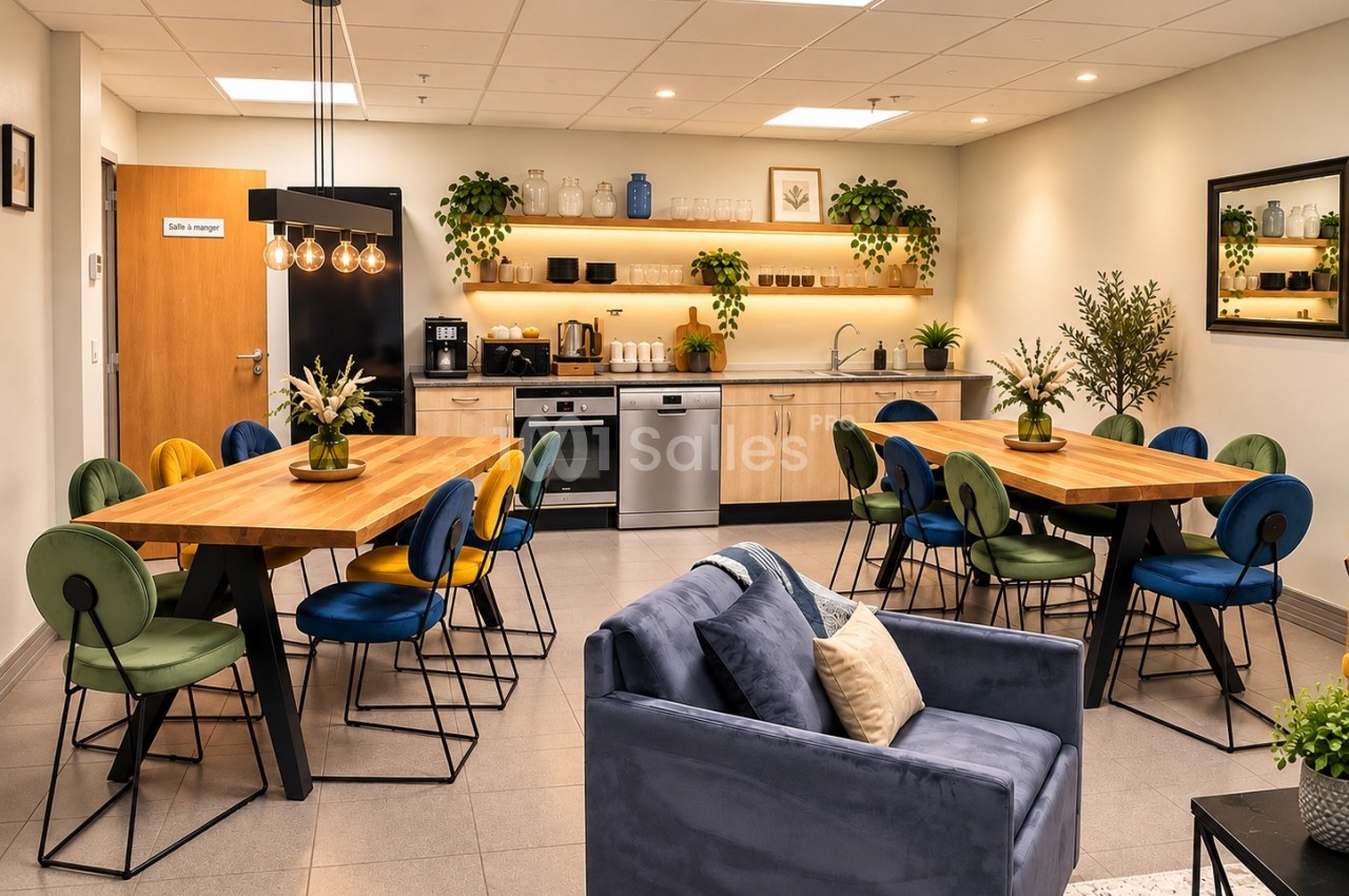 Salle à manger aménagée avec deux grandes tables en bois, chaises velours vertes, bleues et jaunes, et un coin cuisine équipé en arrière-plan.