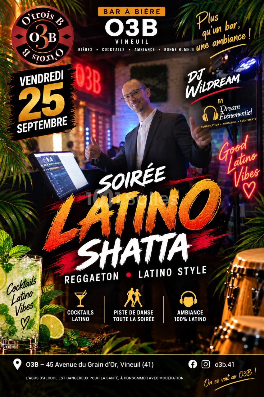 Affiche d'une soirée avec un DJ souriant, pouce levé, derrière une table de mixage, accompagné de cocktails et de congas.
