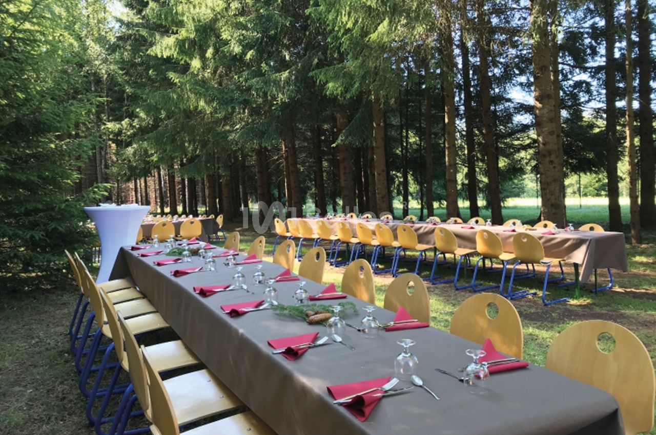 Tables dressées avec nappes brunes, serviettes rouges et verres, disposées en extérieur dans une forêt.