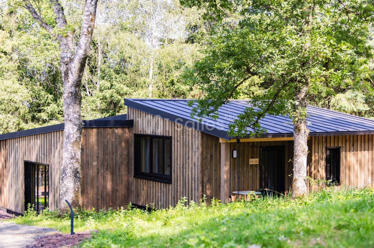 Maison en bois moderne entourée d'arbres et de verdure, située dans un environnement naturel.