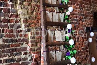 Miniature Location salle Pont-à-Celles (Hainaut) - La Ferme du Grand Marcha #13 Groupe de personnes discutant dans un jardin sous des parasols, avec des tables hautes recouvertes de nappes noires.