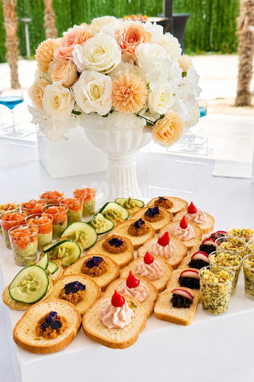 Plateau de canapés variés avec verrines, toasts garnis et bouquet de fleurs en arrière-plan.