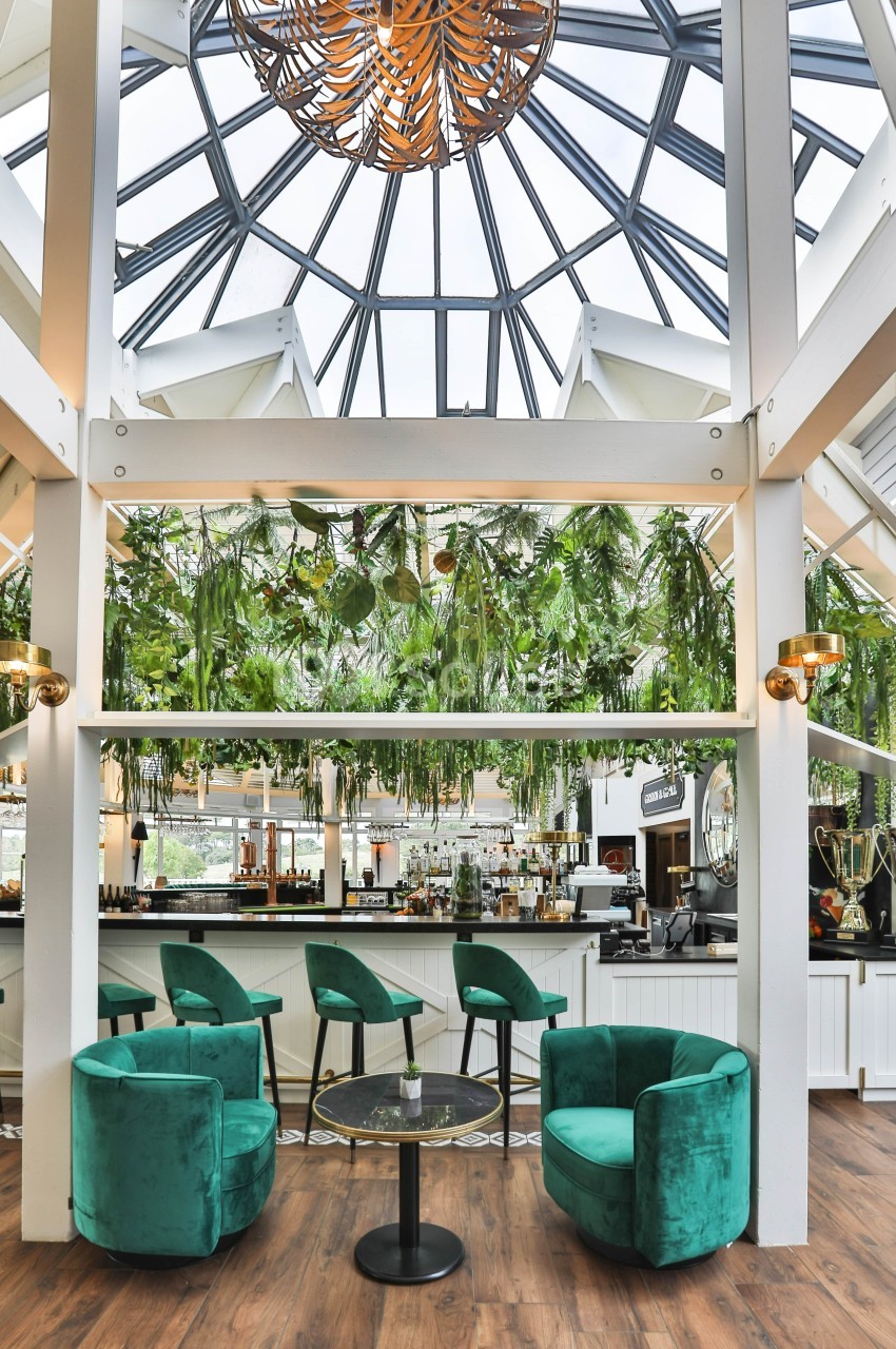 Intérieur d'un restaurant lumineux avec verrière, fauteuils verts, plantes suspendues et comptoir de bar en arrière-plan.