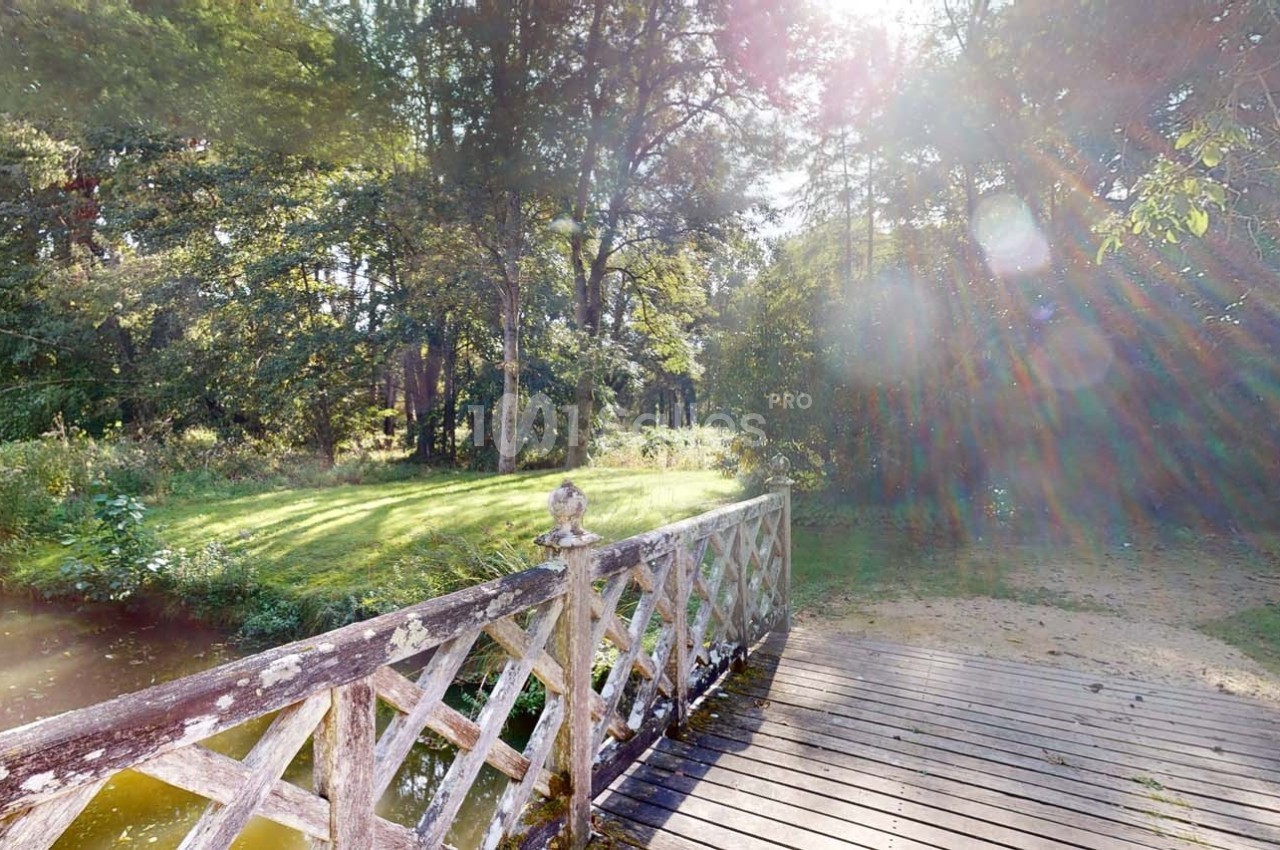 Pont en bois avec balustrades décoratives traversant un petit cours d'eau, entouré de verdure et baigné de lumière.