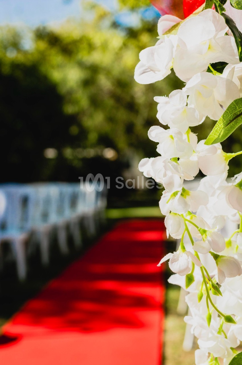 Allée extérieure avec tapis rouge et rangées de chaises blanches, décorée de fleurs blanches au premier plan.