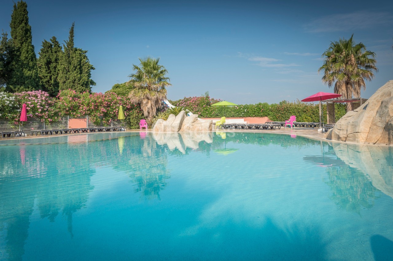 Piscine extérieure entourée de végétation, avec chaises longues, parasols colorés et ciel dégagé en arrière-plan.
