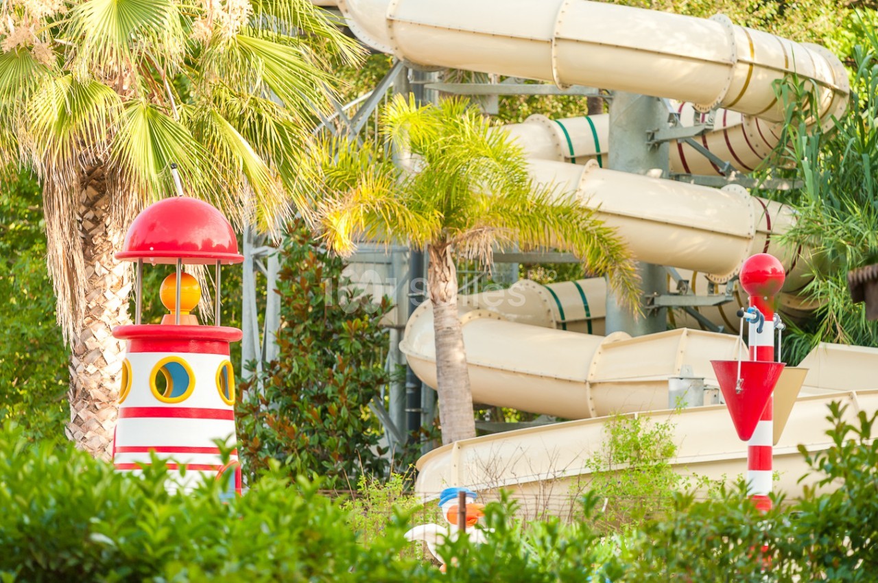 Toboggans aquatiques sinueux entourés de végétation tropicale avec des éléments décoratifs colorés en premier plan.