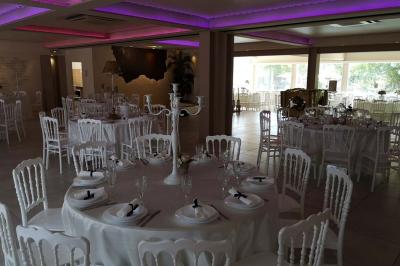 Vue aérienne d'une maison avec toit en tuiles, piscine rectangulaire et jardin arboré dans un cadre rural.