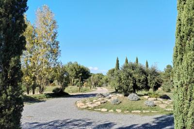 Vue aérienne d'une maison avec toit en tuiles, piscine rectangulaire et jardin arboré dans un cadre rural.