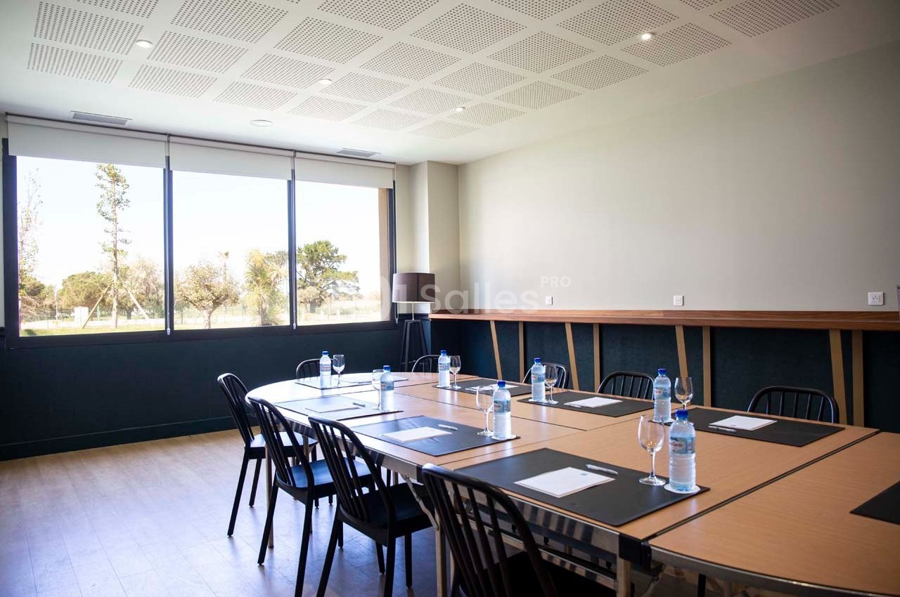 Salle de réunion lumineuse avec une grande table rectangulaire, chaises noires et fenêtres donnant sur un extérieur arboré.