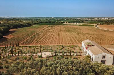 Miniature Location salle Servian (Hérault) - Château Hermitage de Combas #6 Chambre lumineuse avec lit double, tête de lit rouge, murs en pierre, grandes fenêtres et mobilier classique.