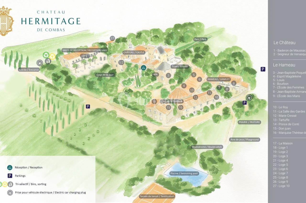 Plan illustré du domaine Château Hermitage de Combas avec localisation des bâtiments, parkings et espaces extérieurs.