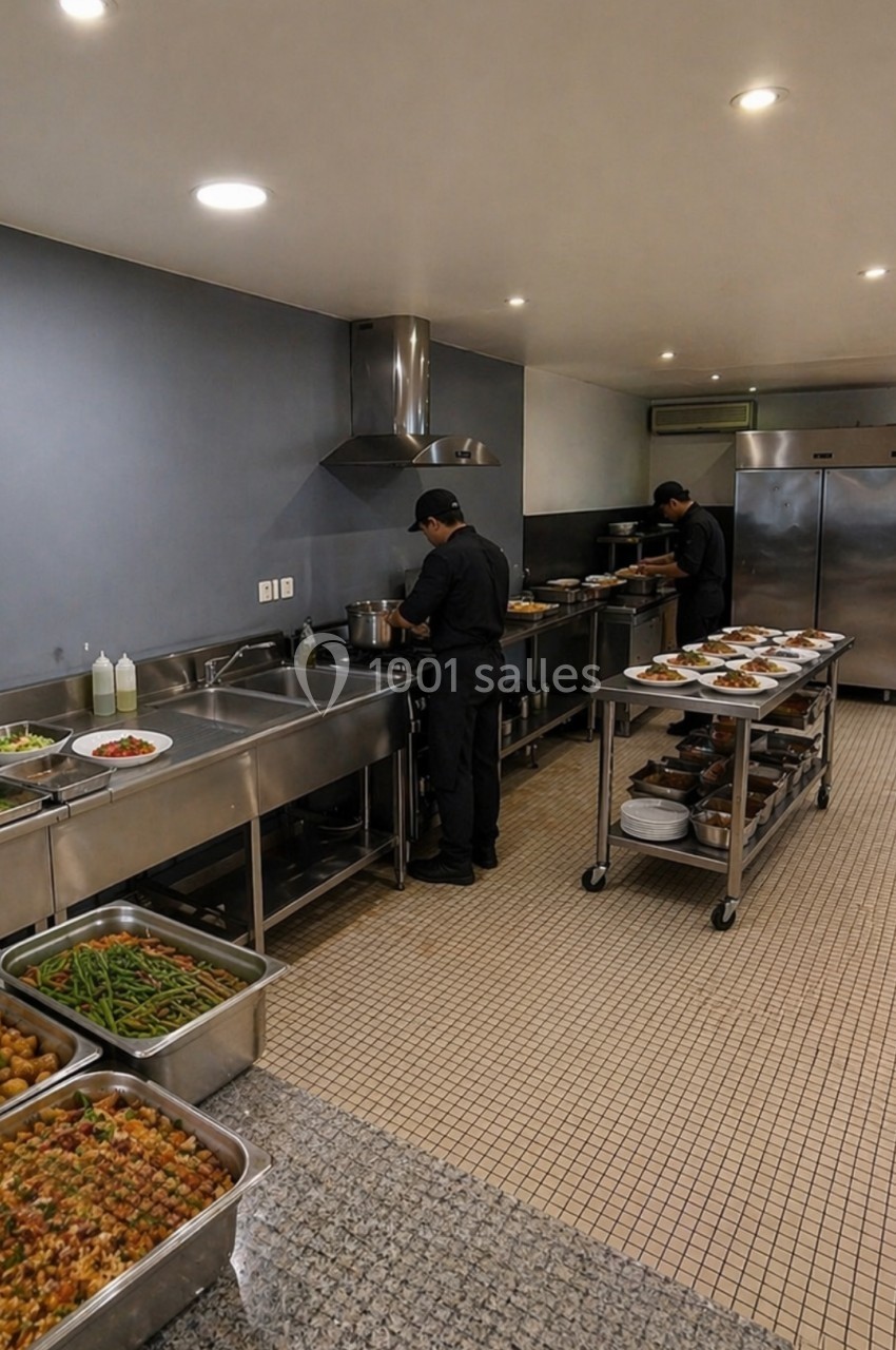 Cuisiniers en tenue noire préparant des plats dans une cuisine professionnelle équipée en inox.