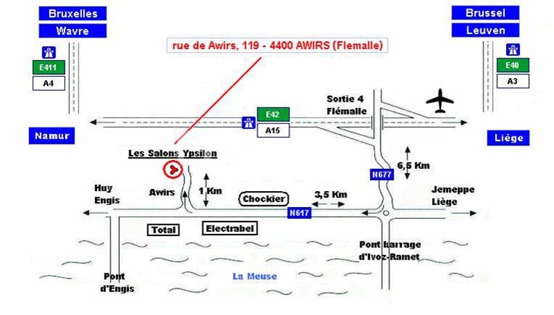 Carte indiquant l'emplacement des Salons Ypsilon à Awirs, avec itinéraires depuis Bruxelles, Liège, Namur et Huy.