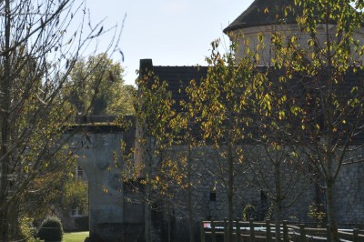 Miniature Location salle Saint-Vaast-lès-Mello (Oise) - Le Clos Barisseuse #51 Cour enneigée avec bâtiments en pierre, un pigeonnier cylindrique et des arbres nus sous un ciel dégagé.