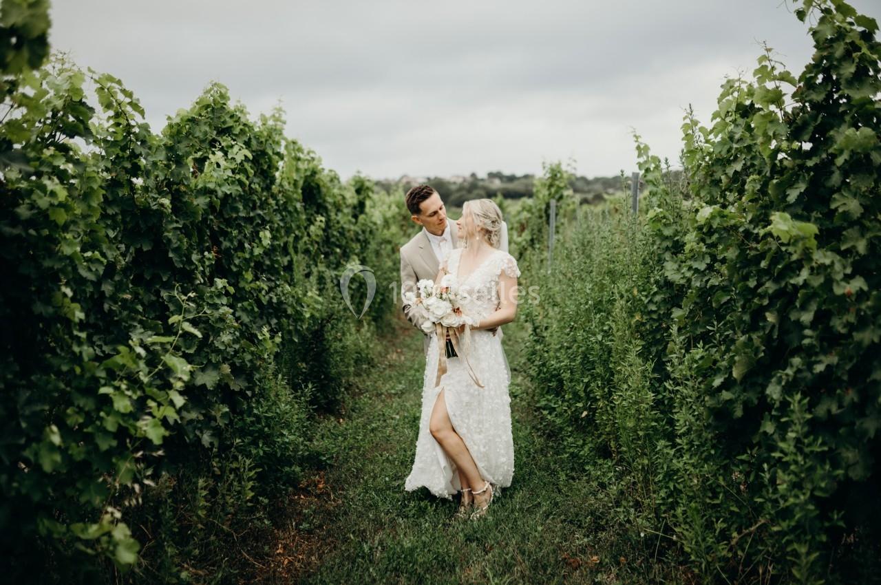 Un couple en tenue de mariage marche entre des rangées de vignes sous un ciel nuageux.