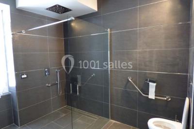 Miniature Location salle Rosoy-en-Multien (Oise) - Domaine de la Nacelle #17 Salle de bain moderne avec douche à l'italienne, barres d'appui murales et toilettes accessibles.