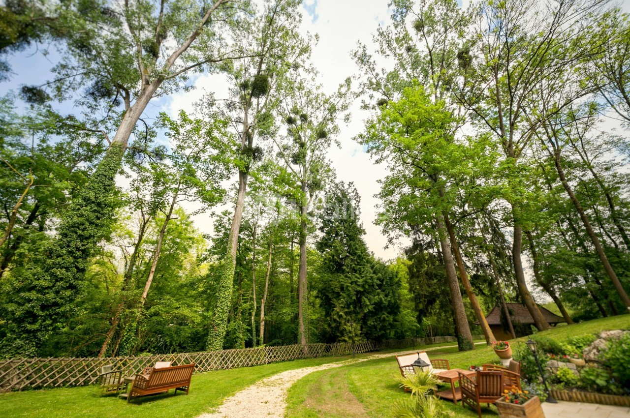 Jardin verdoyant avec des arbres hauts, des bancs en bois et un chemin de gravier serpentant entre les espaces verts.