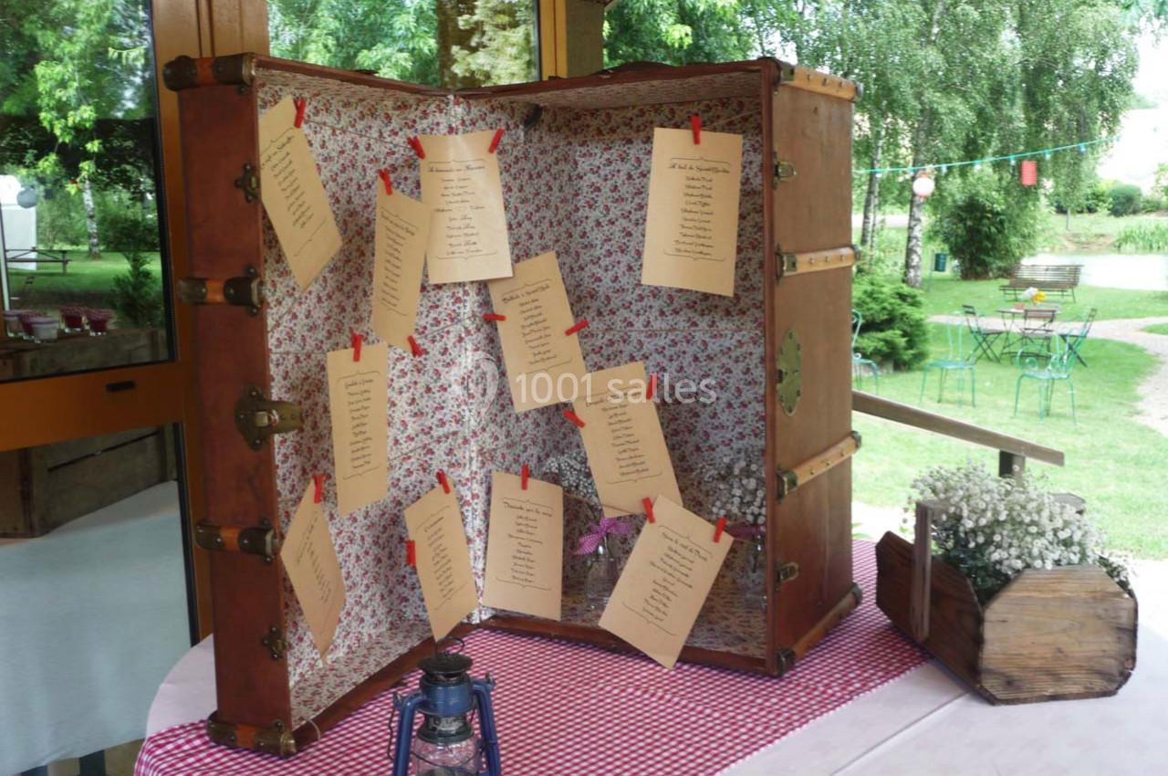 Vieille valise ouverte décorée de tissu fleuri, utilisée comme plan de table avec des cartons suspendus par des pinces.