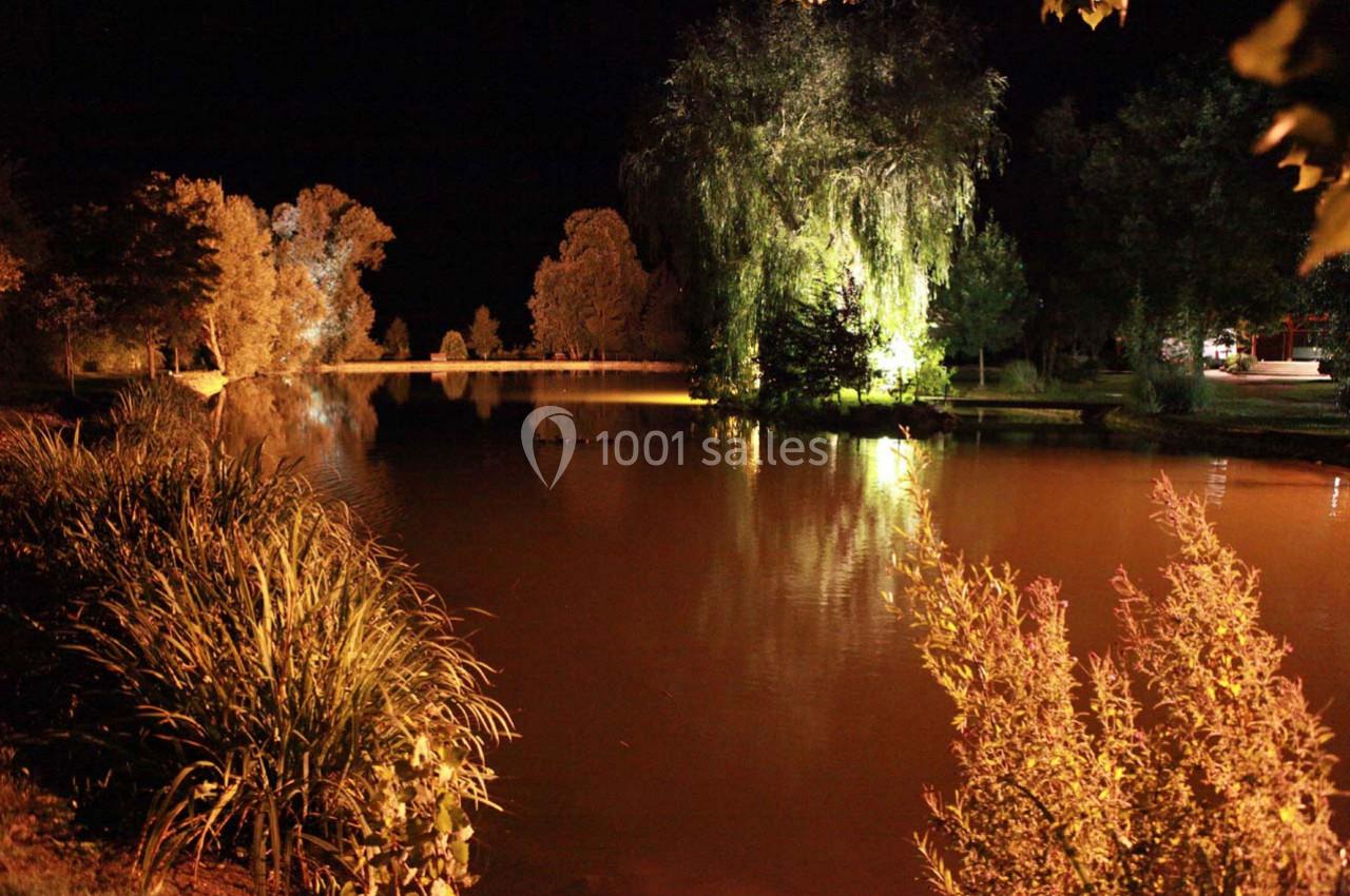 Étang éclairé de nuit avec des arbres et végétation reflétés dans l'eau calme.