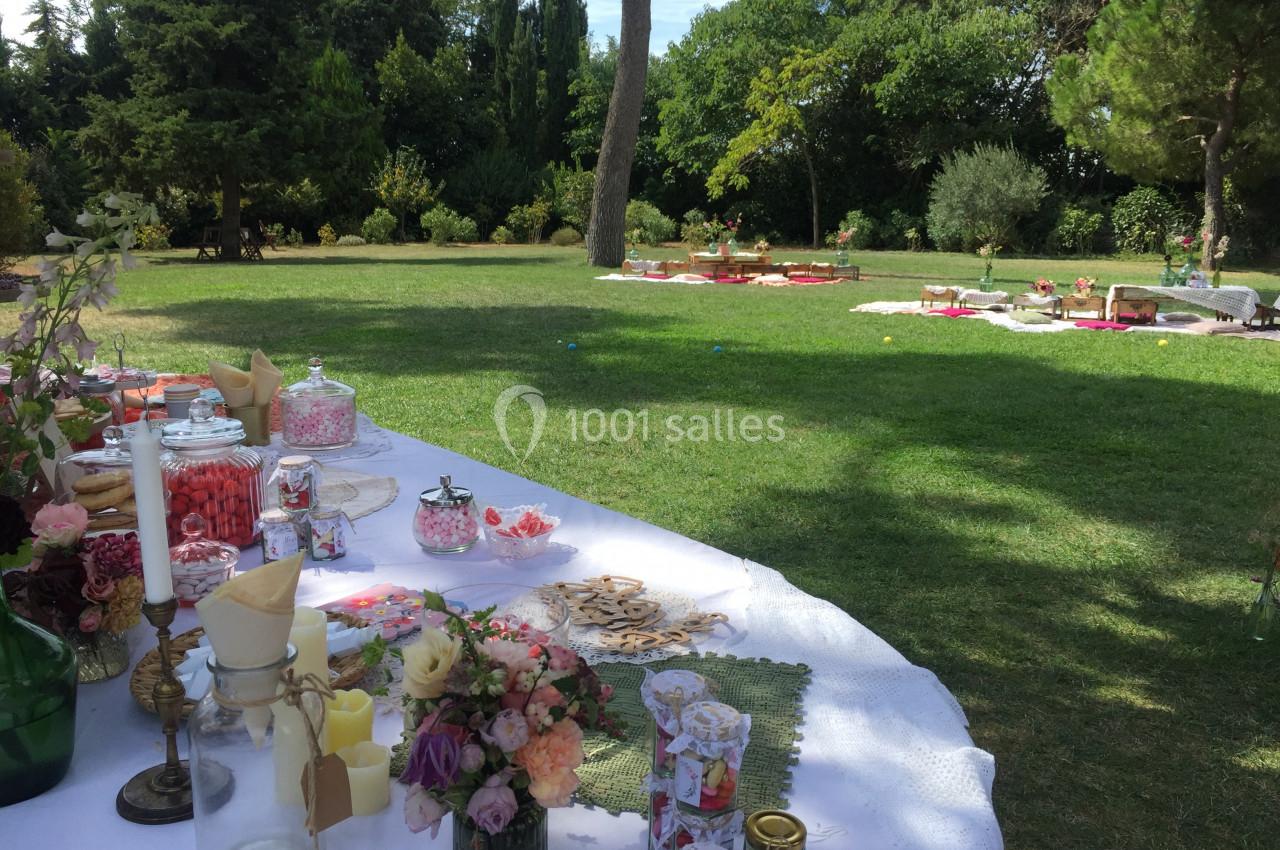 Location salle Pomérols (Hérault) - Domaine Fon de Rey #55 Table décorée avec des douceurs et des objets festifs sur une pelouse, avec des espaces de pique-nique en arrière-plan.