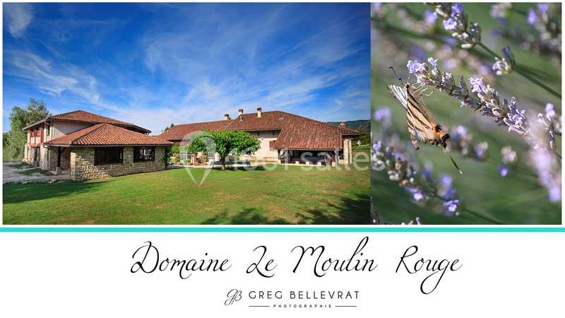 Vue d'un domaine rural avec bâtiments en pierre, pelouse, ciel bleu et papillon posé sur des fleurs de lavande.