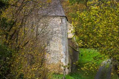 Salon rustique avec murs en pierre, canapés en cuir, table basse et porte ouverte donnant sur un jardin ensoleillé.